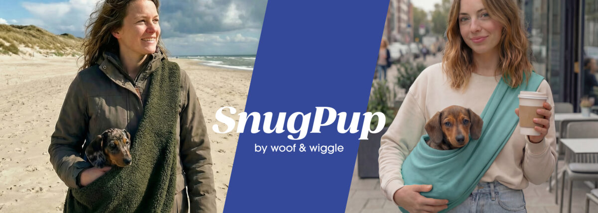 Bild von zwei Frauen mit einem SnugPup Tragetuch von woof & wiggle in dem jeweils ein Dackel transportiert wird.