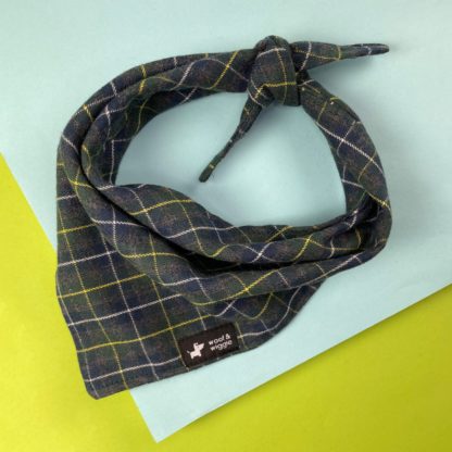 Dog bandana in a checkered pattern in green, blue and gray