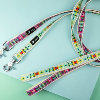 Dog leashes with abstract patterns in purple and turquoise