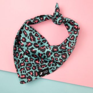 Turquoise dog bandana with a pink leopard print