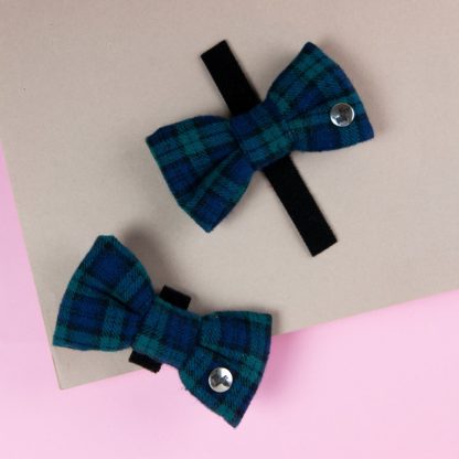 Blue and green checkered flannel dog bow tie