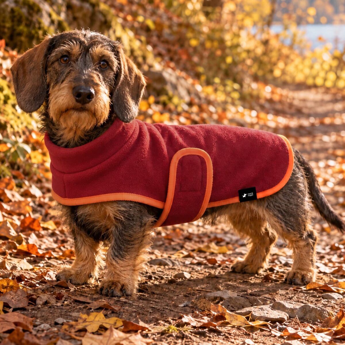 Hundemantel Polartec Wrap Rot mit Neon-Orangem Einfassband